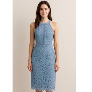 Bardot Dusty‎ Blue Lace Halter Neck Midi Dress Size S Occasion Cocktail Party